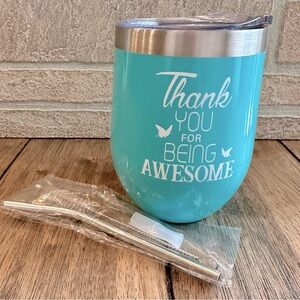NEW Tiffany Blue & White Stainless Steel 12 oz Stemless Wine Glass Tumbler Straw